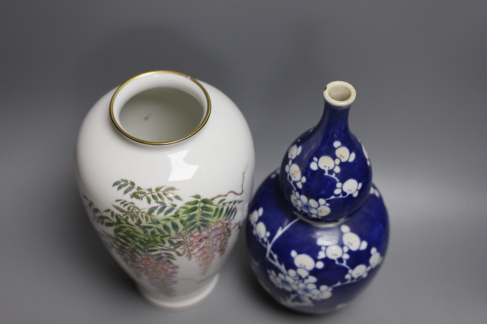 Three Chinese ceramic vases, tallest 30cm, and a small jardiniere